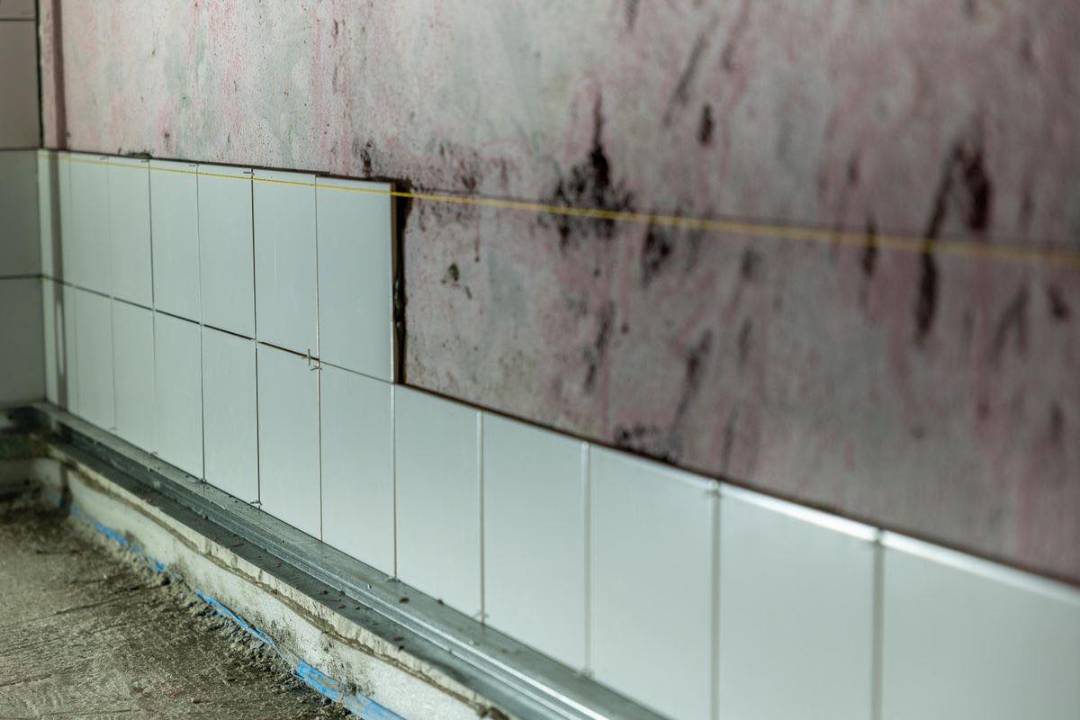 White wall tiles being fixed in rows along a level line, above a metal channel at the floor edge, with bare lining above.