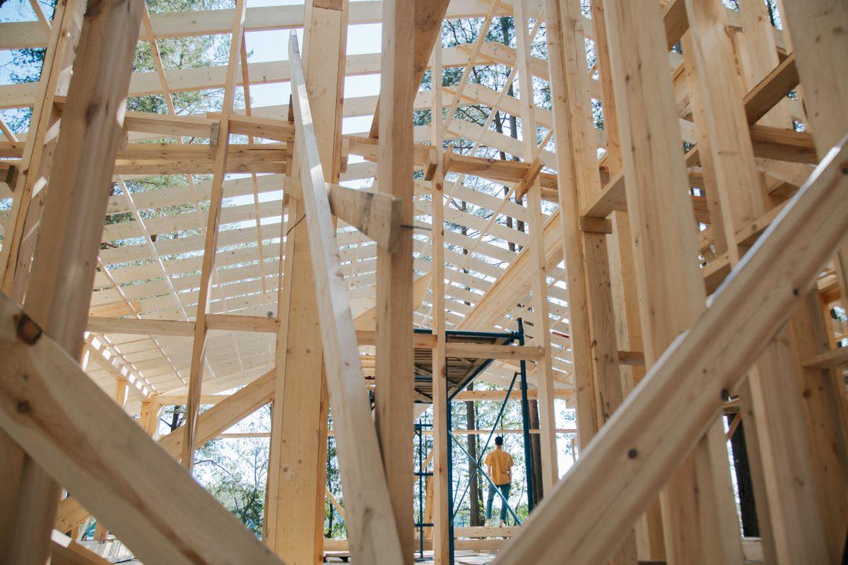 The timber frame of a small building seen from inside, with upright posts, wall framing and roof rafters open to the sky and a scaffold beyond.